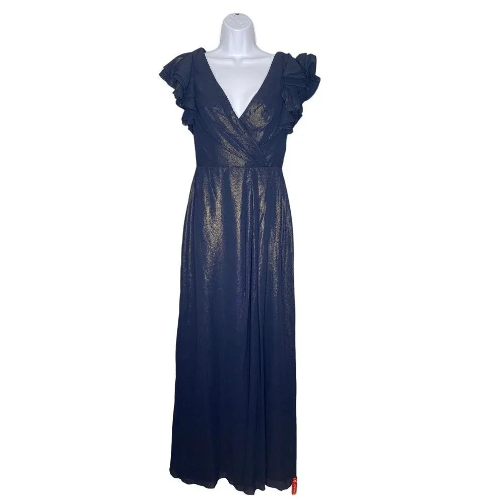 Dessy‎ Collection Midnight Gold Shimmer Flutter Sleeve Surplice V-Neck Gown Sz 4